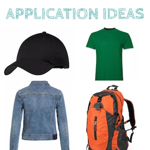 May include: A set of four items: a black baseball cap, a green t-shirt, a blue denim jacket, and an orange and black backpack.  APPLICATION IDEAS is written in blue at the top of the image.