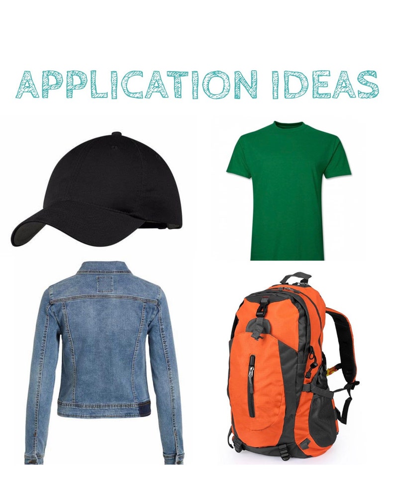 May include: A set of four items: a black baseball cap, a green t-shirt, a blue denim jacket, and an orange and black backpack.  APPLICATION IDEAS is written in blue at the top of the image.