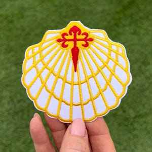 Parche del Camino (3,5 pulgadas) para planchar o coser, emblema del Camino de Santiago, concha de vieira, recuerdo de viaje, parches de regalo