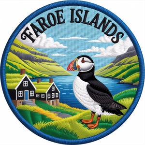 May include: Embroidered patch featuring a puffin bird with a colorful beak, standing on a grassy hill. The patch has a blue border and the words "FAROE ISLANDS" in a curved arc. The background shows a landscape with houses, water, and mountains.