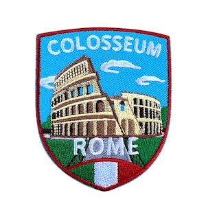 May include: An embroidered patch featuring the Colosseum in Rome. The patch is blue, green, red, and white with the text "Colosseum" and "Rome" on it.