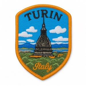 Patch bordado de Turim, Itália, para costurar ou passar a ferro, emblema Mole Antonelliana, lembrança de viagem italiana (80 x 60 mm)