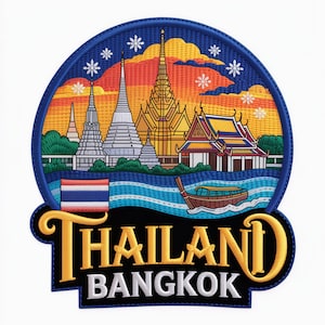 Peut inclure: Écusson brodé représentant des monuments thaïlandais, dont des temples et un bateau sur l'eau. L'écusson a une bordure bleue avec les mots "THAILAND BANGKOK" en or et blanc.