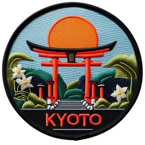 May include: Embroidered patch featuring a vibrant orange sun rising behind a red torii gate. The design includes green foliage, white flowers, and the word "KYOTO" in orange. The patch has a black border.