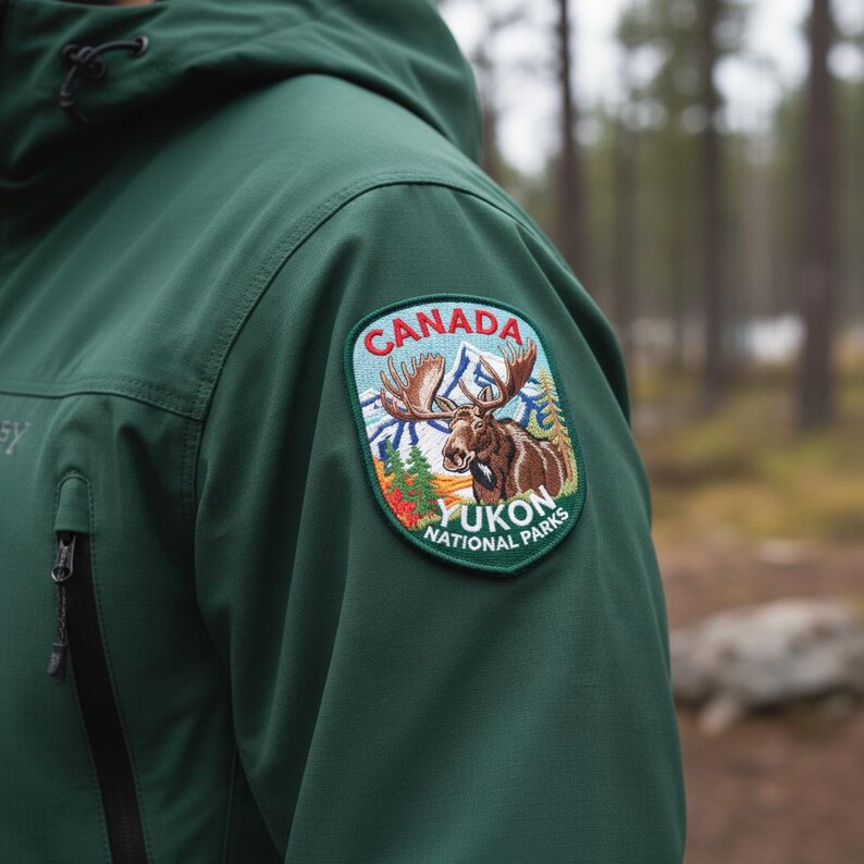 May include: A dark green hooded jacket featuring a patch on the sleeve. The patch displays a brown moose, blue mountains, and green trees with the text CANADA YUKON NATIONAL PARKS in red and white lettering against a light blue background.