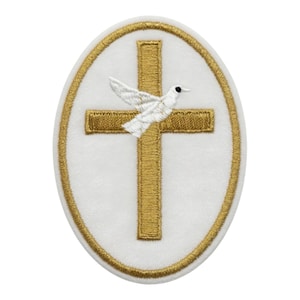 May include: Embroidered patch featuring a gold cross and a white dove against a white oval background. The cross is centered, and the dove is positioned above it. The patch has a gold border.