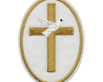 White Velvet Christian Patch Embroidered Iron-on / Sew-on Badge Gold Cross, Dove Emblem (3.5 Inch)