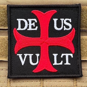 Deus Vult Patch Embroidered Badge (3 Inch) Hook/Loop or Iron-on Emblem God Wills It Crusader Knights Templar Holy Cross Crusaders Crest