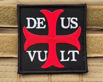 Deus Vult Patch Embroidered Badge (3 Inch) Hook/Loop or Iron-on Emblem God Wills It Crusader Knights Templar Holy Cross Crusaders Crest