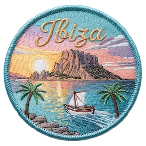 May include: Embroidered patch featuring a scenic sunset over the island of Ibiza. The design includes a sailboat, palm trees, and the word "Ibiza" in a script font, all set against a blue border.
