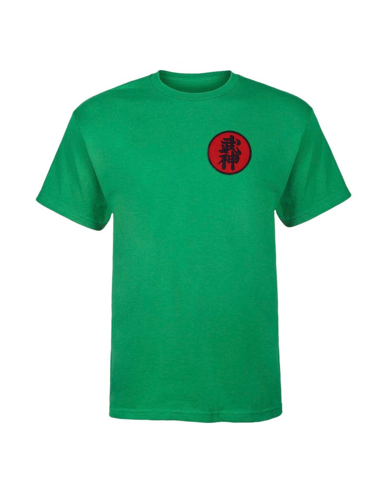 May include: Green t-shirt with a red circle patch featuring black kanji characters. The kanji characters are "忍術" which translates to "ninjutsu".
