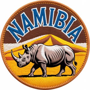 May include: Embroidered patch featuring a rhino walking across a yellow and brown landscape. The word "NAMIBIA" is arched across the top in blue letters. The patch has a brown border and is circular in shape.