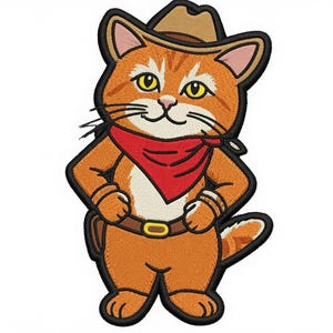 May include: An embroidered patch featuring an orange tabby cat wearing a brown cowboy hat, a red bandana around its neck, and a brown belt with a gold buckle. The cat has yellow eyes, white markings on its face and chest, and a black border.