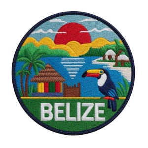 May include: Embroidered patch featuring a Belize landscape with a toucan, palm tree, and huts. The design includes a red sun, blue water, and the word "BELIZE" in white block letters. The patch has a dark blue border.