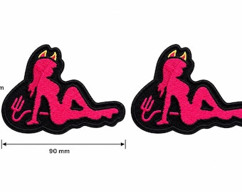 Set of x2 Devil Pin Up Girl Patches Embroidered Iron/Sew-on Badge Sexy Lady Biker Girl Silhouette with Horns and Tail Emblem