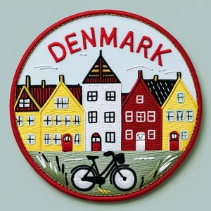 Peut inclure: Écusson brodé avec le mot "DENMARK" en rouge, au-dessus d'une rangée de maisons colorées et d'un vélo. Les maisons sont jaunes, blanches et rouges, avec des toits noirs. Une bordure rouge entoure le motif.