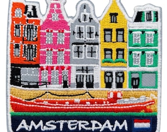 Amsterdam Patch, Holland Embroidered Iron-on Badge Netherlands Travel Souvenir (75mm) Dutch Houses and Canals