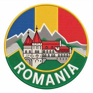 May include: Embroidered patch featuring a Romanian castle and mountains, with the Romanian flag in the background. The patch is circular, with a green border and the word "ROMANIA" in white.