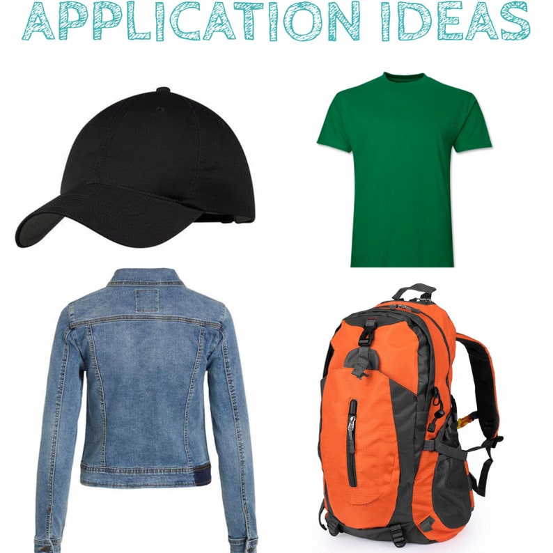 Peut inclure: Un ensemble de quatre articles&nbsp;: une casquette de baseball noire, un t-shirt vert, une veste en jean bleue et un sac &agrave; dos orange et gris.
