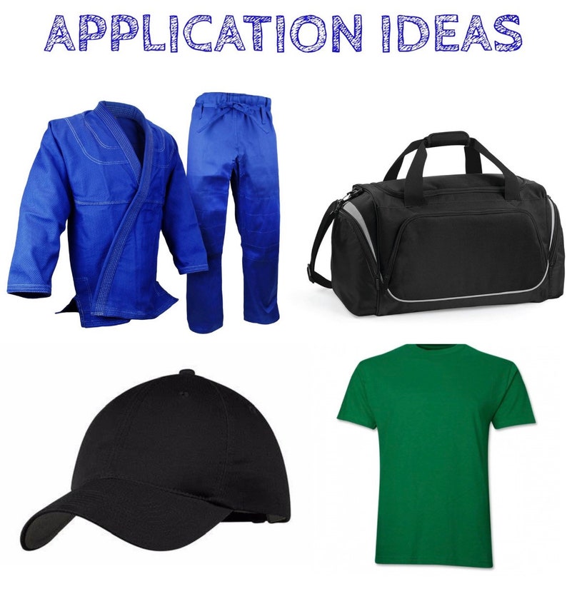 May include: A set of four blank apparel items for customization. The set includes a blue martial arts uniform, a black duffel bag, a black baseball cap, and a green t-shirt.