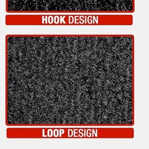 May include: Two black carpet samples with different textures. The top sample is labelled "HOOK DESIGN" and the bottom sample is labelled "LOOP DESIGN". Two red circles with white text. The left circle shows a hand pointing with the text "EASY TO USE". The right circle shows a recycling symbol with the text "100% REUSABLE".