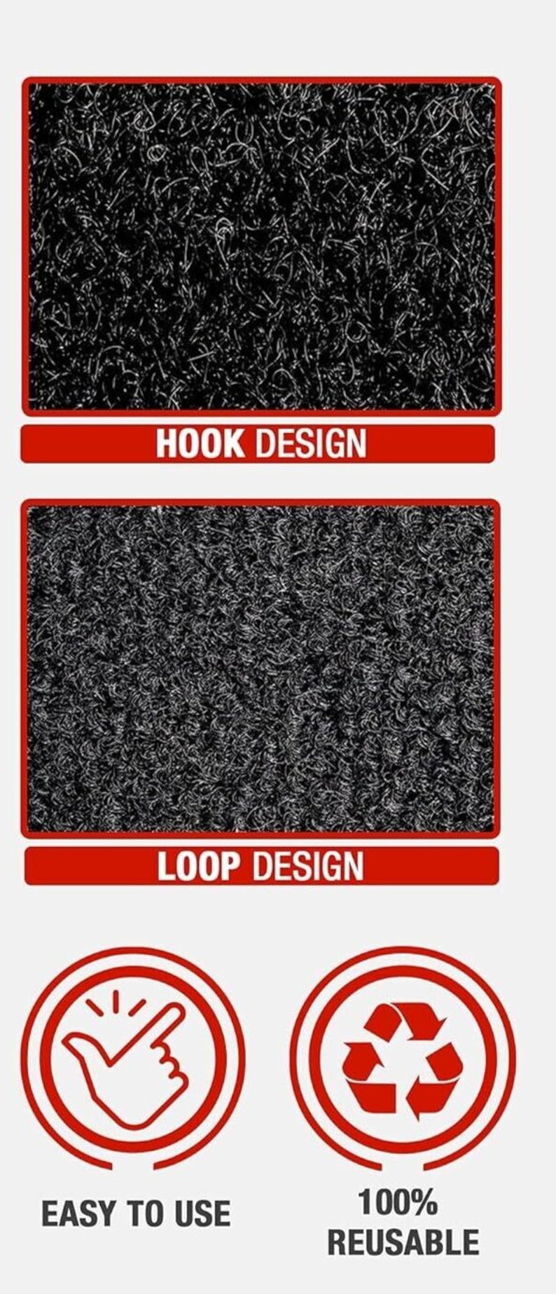 May include: Two black carpet samples with different textures. The top sample is labelled "HOOK DESIGN" and the bottom sample is labelled "LOOP DESIGN". Two red circles with white text. The left circle shows a hand pointing with the text "EASY TO USE". The right circle shows a recycling symbol with the text "100% REUSABLE".