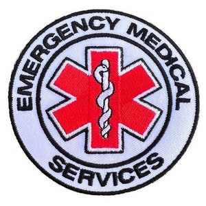 May include: White embroidered patch with a red star of life and a medical caduceus in the center. The text around the star reads "Emergency Medical Services".