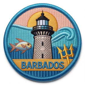 May include: Embroidered patch featuring a lighthouse, fish, and trident against a sunset and ocean backdrop. The word "BARBADOS" is displayed in gold lettering on a gold banner. The patch has a blue border.