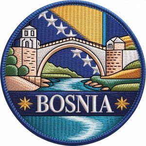 May include: Embroidered patch featuring the Stari Most bridge in Mostar, Bosnia. The design includes the Bosnian flag, stars, and the word "BOSNIA" in white letters. The patch has a blue border and is circular in shape.