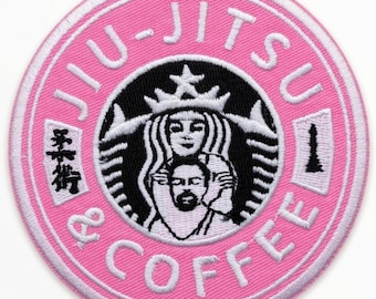 Jiu Jitsu and Coffee Patch (3 Inch) Pink Iron-on Badge Girls BJJ Kimono GI, Grappling Gym Bag, Cap, Shirt, Jacket, Martial Arts Gift Patches