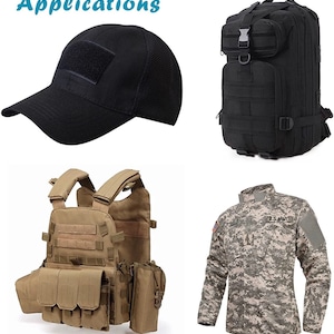 Peut inclure: Un ensemble d'&eacute;quipements tactiques, comprenant un sac &agrave; dos noir avec de nombreuses sangles et boucles, une casquette de baseball noire avec un patch velcro, un gilet tactique beige avec de nombreuses poches et une veste camouflage avec le texte "U.S. ARMY" sur la poitrine.