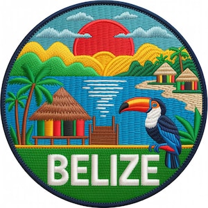 Può includere: Toppa ricamata circolare raffigurante un paesaggio del Belize con un tramonto, acqua e un tucano. La toppa include la scritta "BELIZE", palme e capanne. Il design ha un bordo blu scuro.