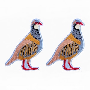 Pode incluir: Dois patches bordados com um desenho de pássaro. Os pássaros têm um contorno azul claro, um corpo cor de pêssego, detalhes amarelos e castanhos e pés e bicos vermelhos. Os patches estão em um fundo branco.
