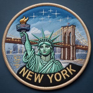 Könnte beinhalten: Runder, gestickter Aufnäher mit der Freiheitsstatue und der Brooklyn Bridge vor blauem Himmel mit Sternen. Der Aufnäher trägt den Text "NEW YORK" in Gold auf einem schwarzen Banner. Mit goldenem Rand.
