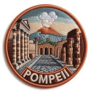 May include: Circular embroidered patch depicting Pompeii, Italy, with Mount Vesuvius erupting. The design includes Roman ruins, a cobbled street, and the word "POMPEII" in white lettering. The patch has a brown border and is richly detailed.