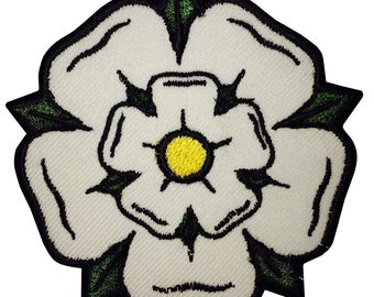 Yorkshire White Rose Patch (3 Inch) Embroidered Iron-on or Sew-on Badge Beautiful Flower Embroidery Applique DIY Emblem, Gift Patches