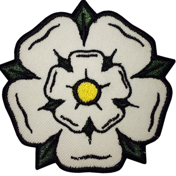 Yorkshire White Rose Patch (3 Inch) Embroidered Iron-on or Sew-on Badge Beautiful Flower Embroidery Applique DIY Emblem, Gift Patches