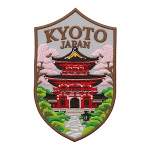 Kyoto Japan-märke Broderat stryk- eller sy-på-märke Japanskt resesouvenirmärke Tempel- och körsbärsblommor-emblem Presentmärken (90 x 55 mm)
