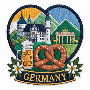 Pode incluir: Patch bordado em forma de coração com marcos alemães, um pretzel e um caneco de cerveja. O design inclui o Castelo de Neuschwanstein, o Portão de Brandemburgo e a palavra "GERMANY" em uma faixa.