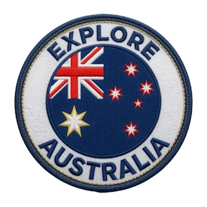 Utforska Australien-märke Broderat stryk-/sys-på-märke Resesouvenir Semesterflagga Emblem Presentmärken (75 mm)