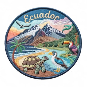 May include: Embroidered patch featuring a colorful landscape of Ecuador. The design includes a beach, mountains, a toucan, a turtle, and the word "Ecuador" in a stylized font. The patch is round with a blue border.