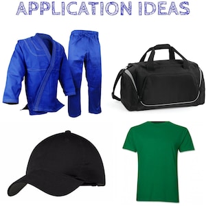 May include: A blue martial arts uniform, a black duffel bag, a black baseball cap, and a green t-shirt.  APPLICATION IDEAS is written in white text on a blue background.