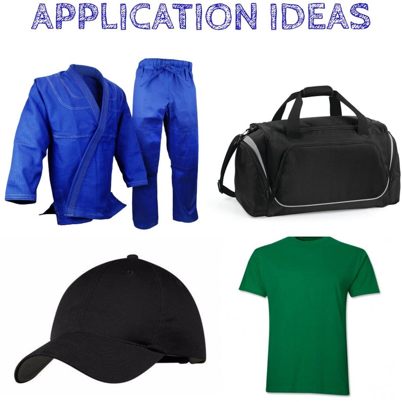 May include: A blue martial arts uniform, a black duffel bag, a black baseball cap, and a green t-shirt.  APPLICATION IDEAS is written in white text on a blue background.