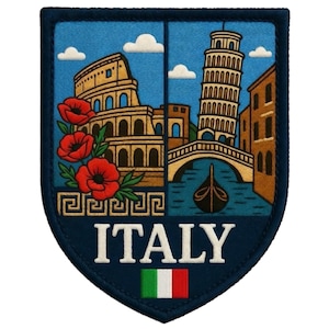 Puede incluir: Un parche bordado en forma de escudo con un borde azul oscuro. El diseño muestra el Coliseo, la Torre de Pisa, un puente, una góndola y amapolas rojas sobre un cielo azul. La palabra ITALY aparece en blanco, con la bandera italiana debajo.