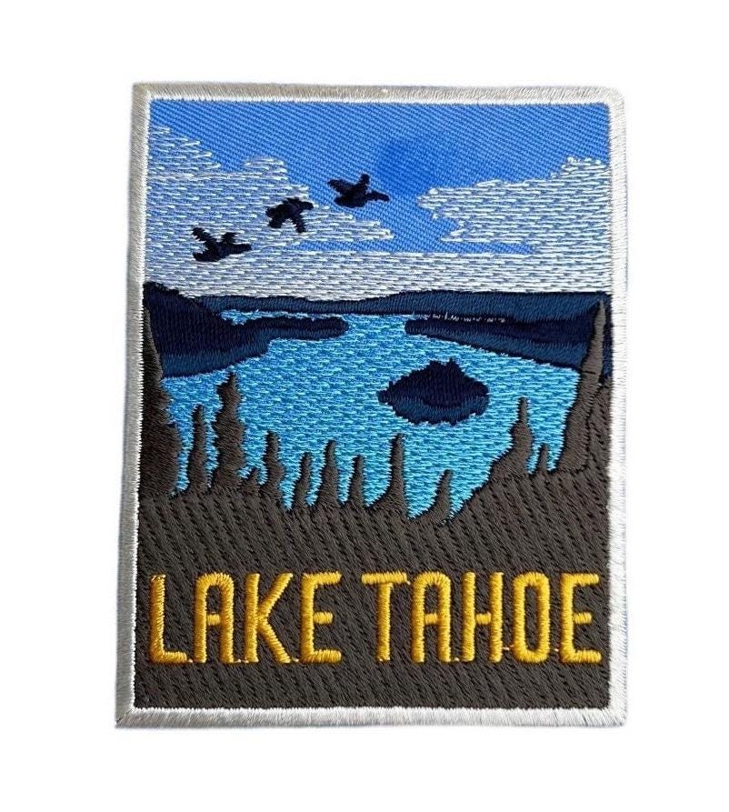 Tahoe Lake California Iron-On Embroidered Patch - 3x5 Inch Teal & Purple Snowboard Style