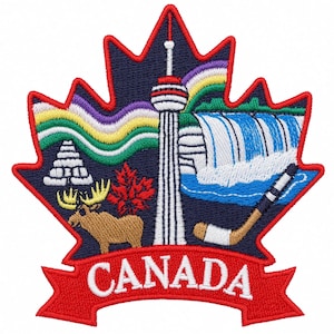 May include: A maple leaf-shaped embroidered patch with a dark blue background and red border. It features a white tower, a waterfall, a brown moose, a red maple leaf, a hockey stick, and a rainbow. The word CANADA is in white text on a red banner.