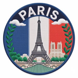 Peut inclure: Écusson brodé représentant la Tour Eiffel, la cathédrale Notre-Dame et un pont sur une rivière, sur fond de drapeau français. Le mot "PARIS" est inscrit en arc de cercle en lettres blanches, entouré d'une bordure bleue.