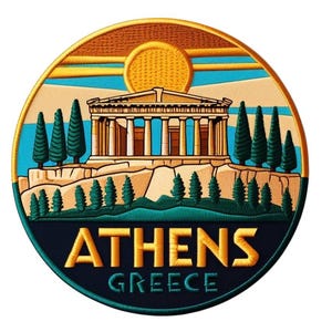 May include: Embroidered patch featuring the Parthenon in Athens, Greece, with a blue sky, green trees, and a golden sun. The text "ATHENS GREECE" is embroidered in gold on a navy blue background, surrounded by a gold border.