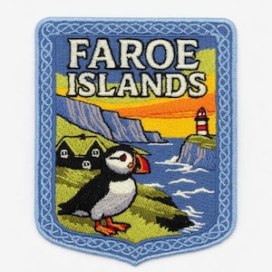 Färöarna-tygmärke (7,5 cm) Broderat, strykbart/sydd på, resesouvenir-emblem, perfekt för ryggsäckar, jackor, presenttygmärken