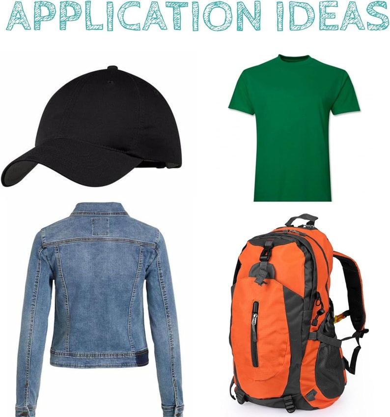 May include: A set of four items: a black baseball cap, a green t-shirt, a blue denim jacket, and an orange and black rucksack.